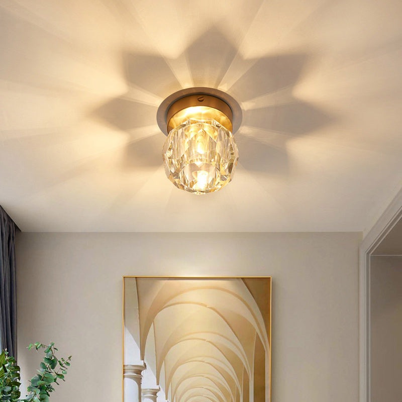 Modern Luxury Round Dome Irregular Orb Full Copper Crystal Shade 1-Light Semi-Flush Mount Ceiling Light For Living Room