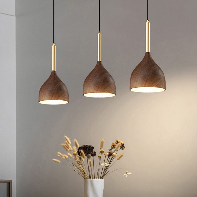 Modern Minimalist Round Dome Cone Wood Grain Iron Shade 1-Light Pendant Light For Living Room