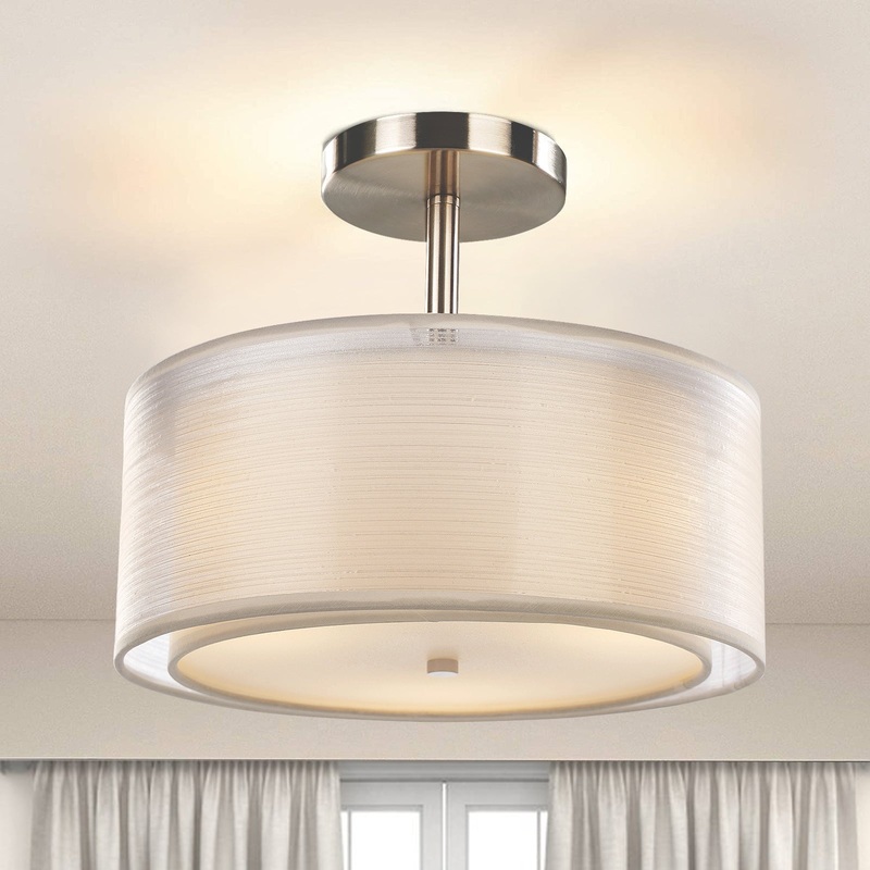 Modern Simplicity Round Fabric Metal 3-Light Semi-Flush Mount Ceiling Light For Living Room