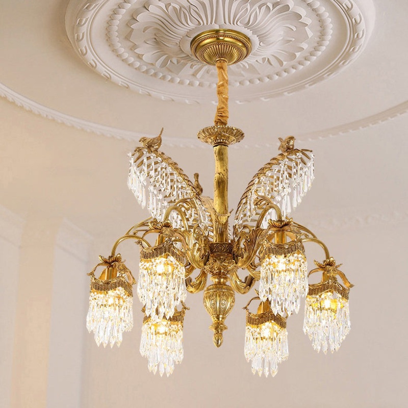 Traditional Luxury Brass Crystal Hand-Carved Palm Tree 6/8 Light Chandeliers For Living Room
