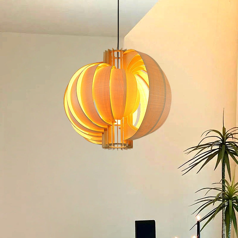 Traditional Vintage Basswood Plywood Ball Moon 1-Light Pendant Light For Dining Room