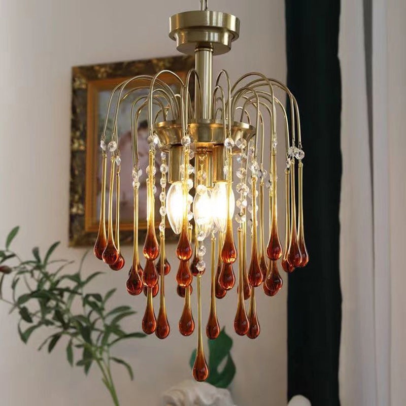 Traditional Vintage Branch Cylinder Tear Drop Copper Glass 3/4/6/12 Light Chandelier For Living Room