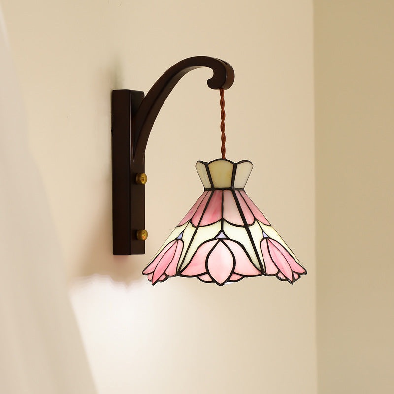 Traditional Vintage Cone Copper Wood Glass 1-Light Wall Sconce Lamp For Living Room