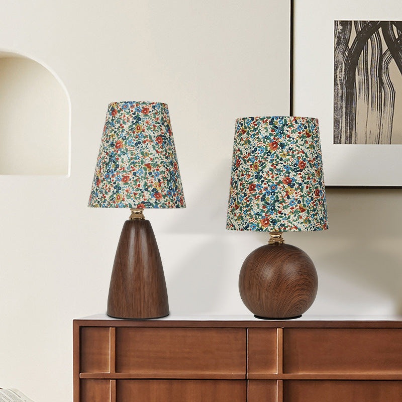 Traditional Vintage Crushed Flower Round Orb Fabric Ceramic 1-Light Table Lamp For Living Room
