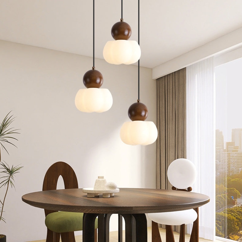 Traditional Vintage Orb Pumpkin Shape Wood Plastic Shade 1-Light Pendant Light For Living Room