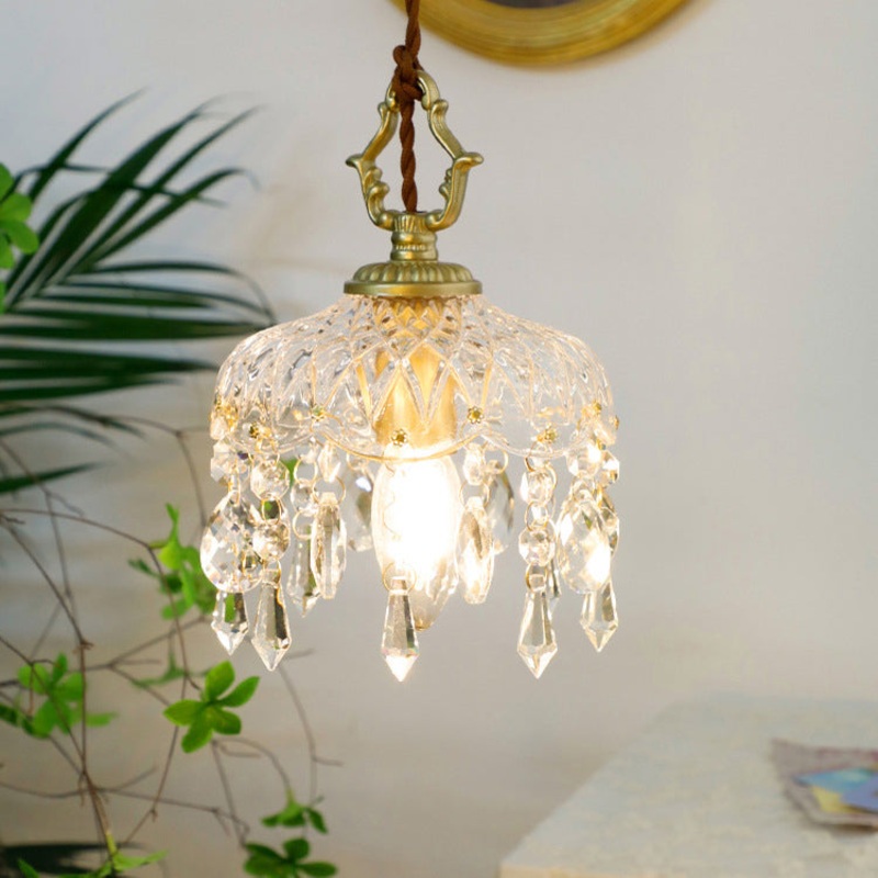 Traditional Vintage Round Glass Crystal Copper 1-Light Pendant Light For Bedroom