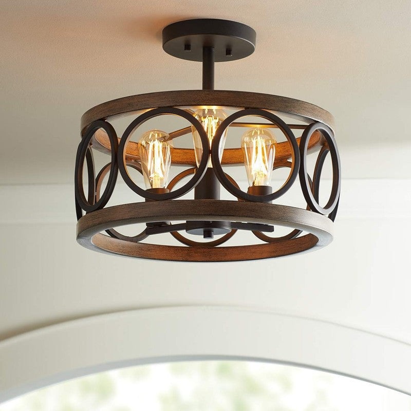 Traditional Vintage Round Iron 3-Light Semi-Flush Mount Ceiling Light For Living Room