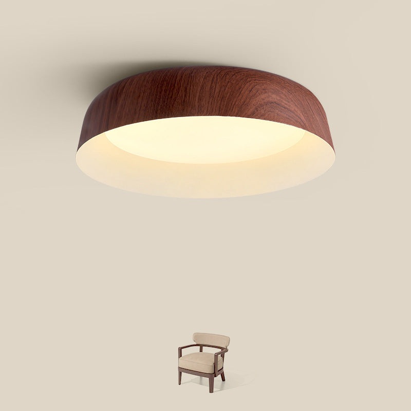 Contemporary Nordic Round Disc Wood Grain Iron PVC LED Flush Mount Ceiling Light For Bedroom