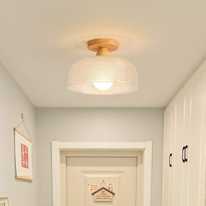 Contemporary Retro Round Dome Bowl Wood Glass 1-Light Semi-Flush Mount Ceiling Light For Living Room