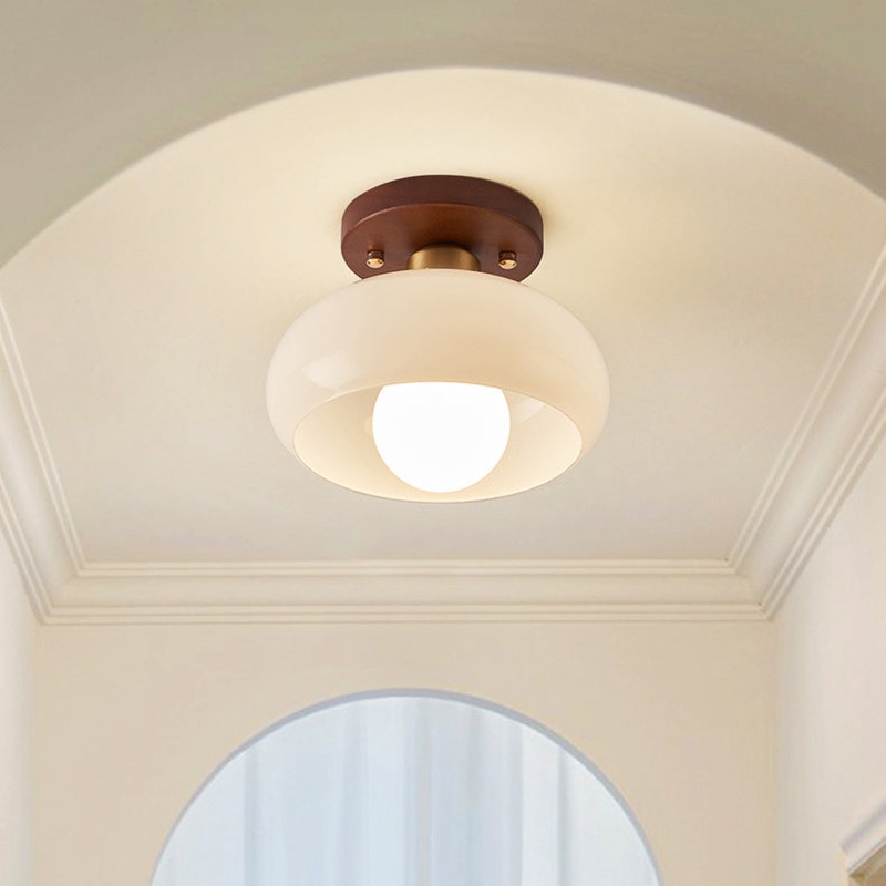Contemporary Retro Round Oval Orb Hardware Wood Frame Glass Shade 1-Light Semi-Flush Mount Ceiling Light For Living Room