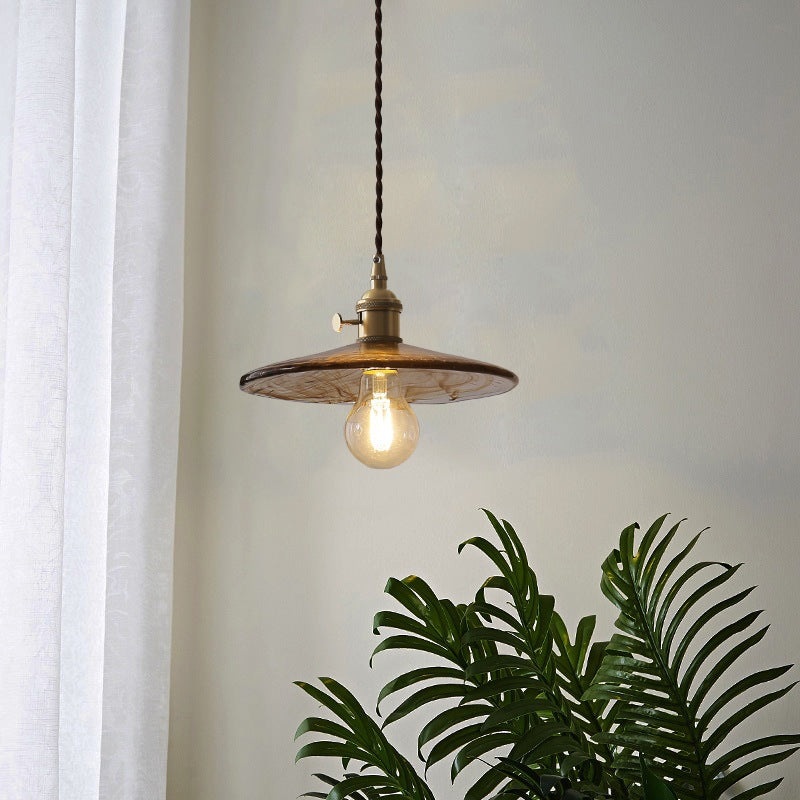 Contemporary Retro Round Plate Brass Glass 1-Light Pendant Light For Living Room