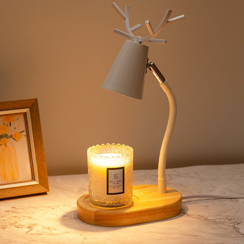 Modern Art Deco Cylinder Antler Wooden Base Iron Shade 1-Light Aromatherapy Melting Wax Table Lamp For Bedroom
