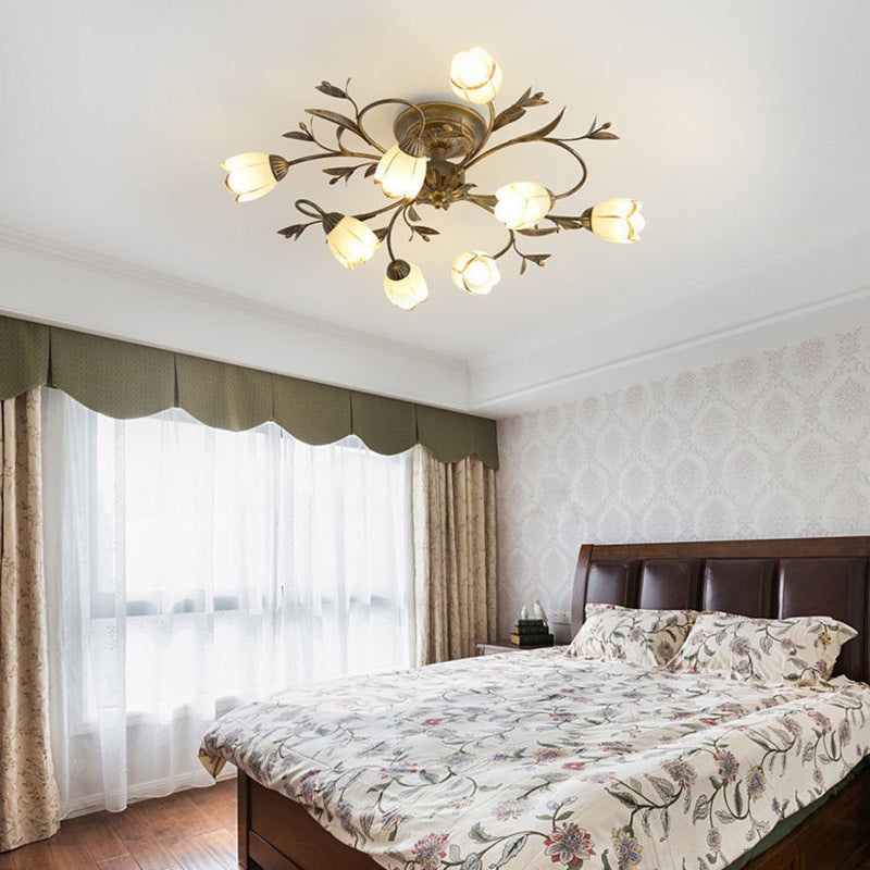 Modern Art Deco Floral Leaf Branch Glass Iron 6/8/10/12 Light Semi-Flush Mount Ceiling Light For Living Room