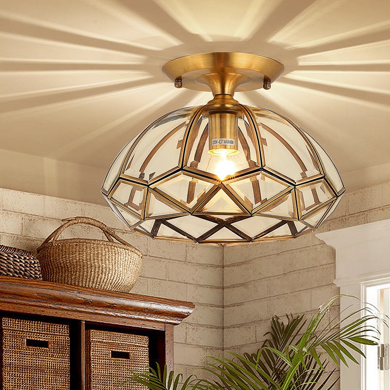 Modern Luxury Round Dome Diamond Shape Brass Frame Glass Shade 1-Light Semi-Flush Mount Ceiling Light For Living Room