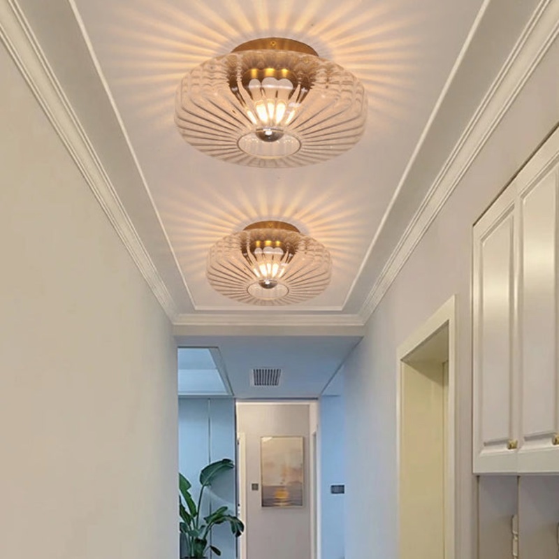 Modern Luxury Round Vertical Grain Glass Shade 1-Light Semi-Flush Mount Ceiling Light For Living Room
