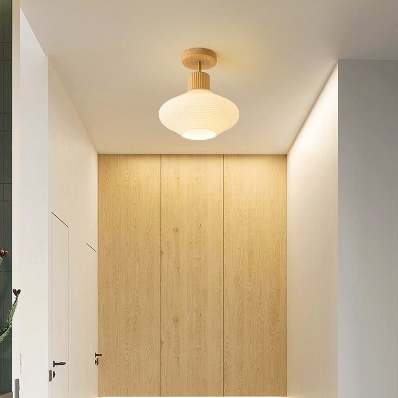Modern Minimalist Round Oval Stripe Glass Shade Wood Frame 1-Light Semi-Flush Mount Ceiling Light For Hallway