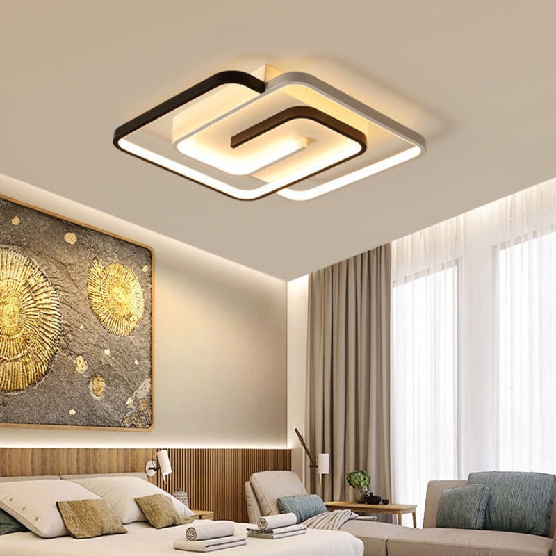 Modern Minimalist Square Line Iron PVC LED Semi-Flush Mount Ceiling Light For Bedroom