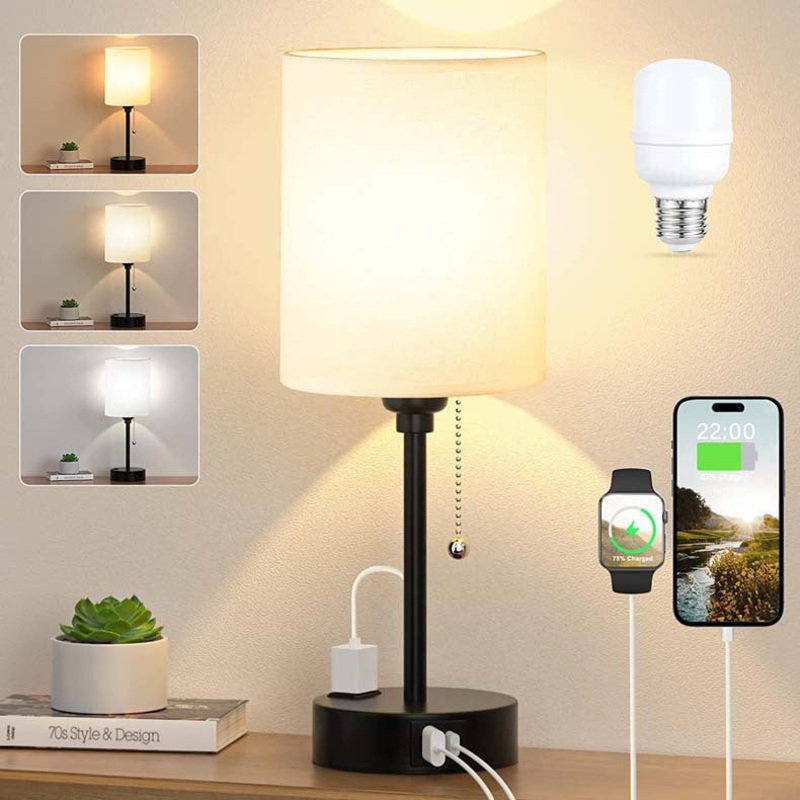 Modern Simplicity Fabric Iron Cylinder Zipper USB Rechargeable 1-Light Table Lamp For Bedside