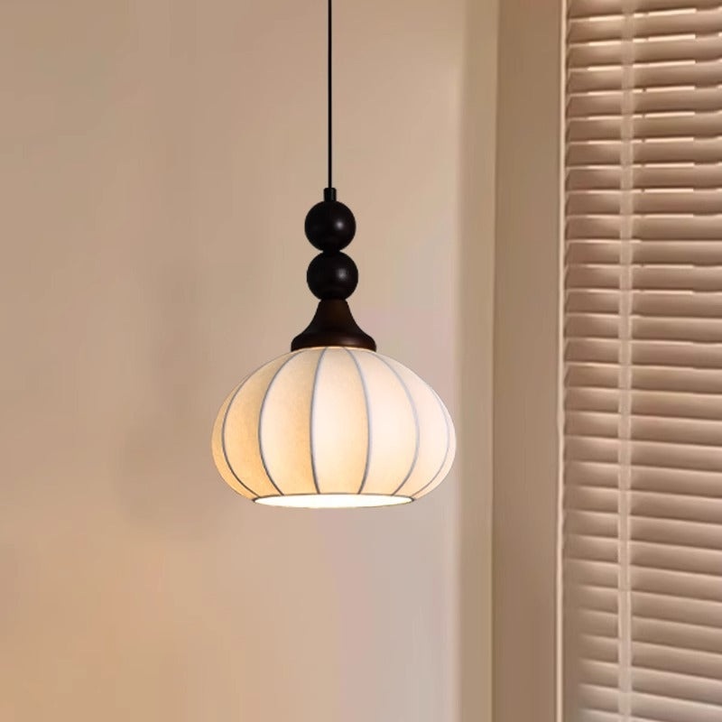 Traditional Japanese Oval Round Orb Wood Grain Iron Frame Fabric Shade 1-Light Pendant Light For Living Room