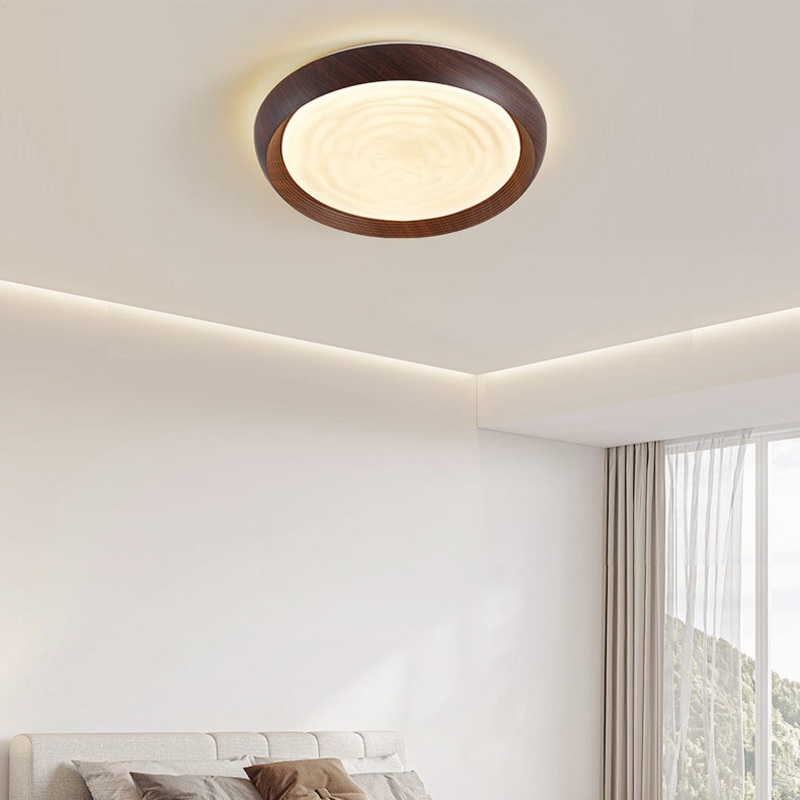 Traditional Japanese Walnut Wood Grain Round Iron LED Flush Mount Ceiling Light For Living Room