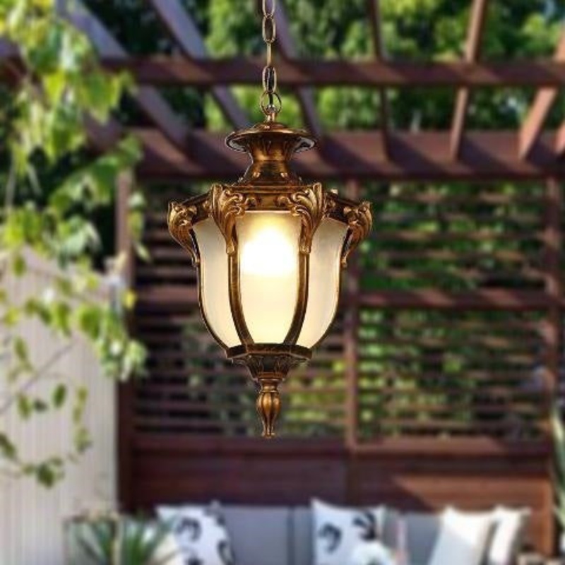 Traditional Vintage Aluminum Polygon Glass 1-Light Waterproof Outdoor Pendant Light For Garden