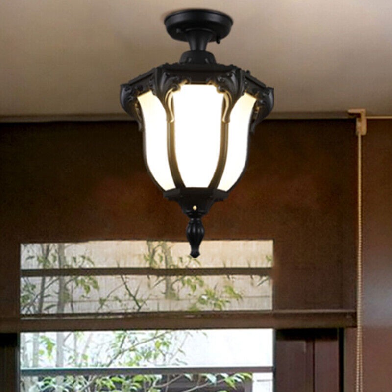 Traditional Vintage Aluminum Polygon Glass 1-Light Waterproof Outdoor Semi-Flush Mount Ceiling Light For Garden