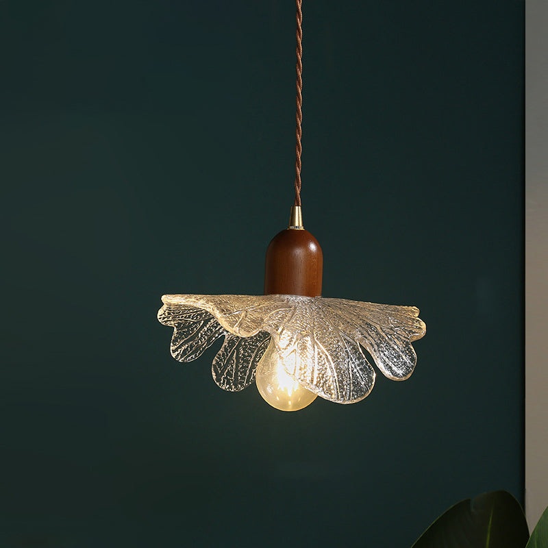 Traditional Vintage Brass Flower Glass Shade Solid Wood 1-Light Pendant Light For Living Room