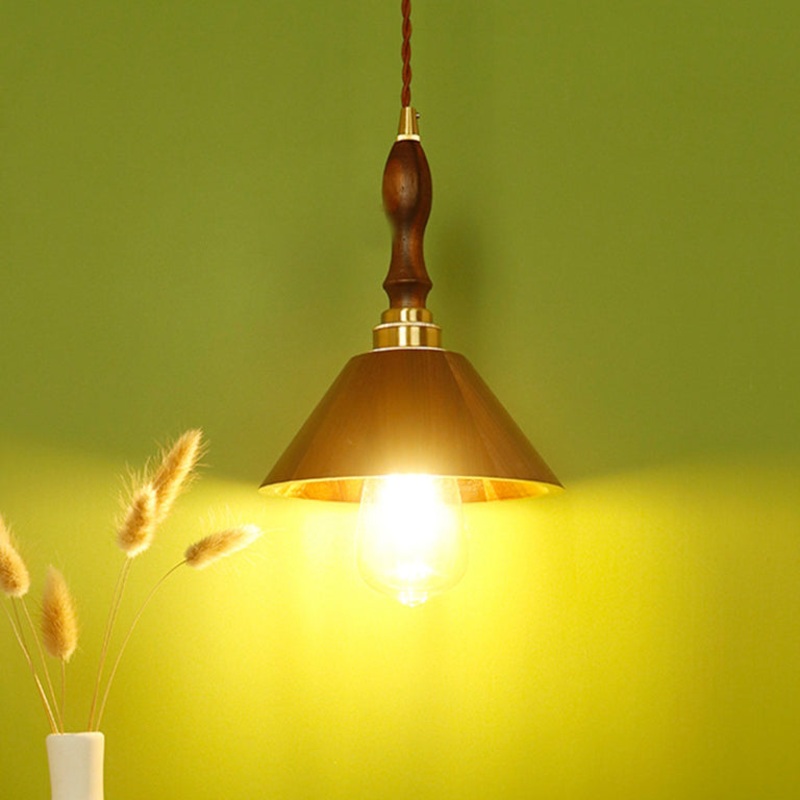 Traditional Vintage Brass Walnut Wood Conical 1-Light Pendant Light For Living Room