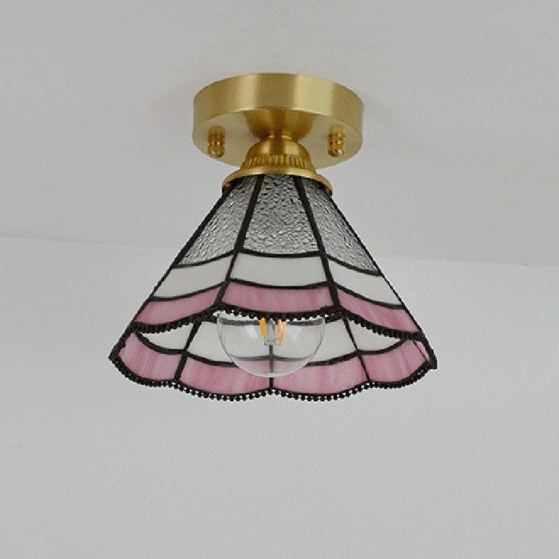 Traditional Vintage Conical Round Glass Copper 1-Light Semi-Flush Mount Ceiling Light For Living Room
