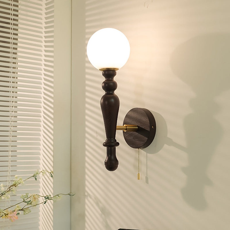 Traditional Vintage Cylinder Orb Wood Aluminum Frame Glass 1-Light Wall Sconce Lamp For Bedroom
