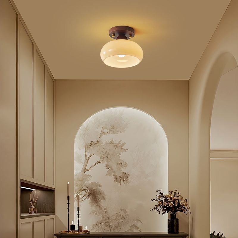 Traditional Vintage Dome Iron Wood Glass 1-Light Semi-Flush Mount Ceiling Light For Living Room