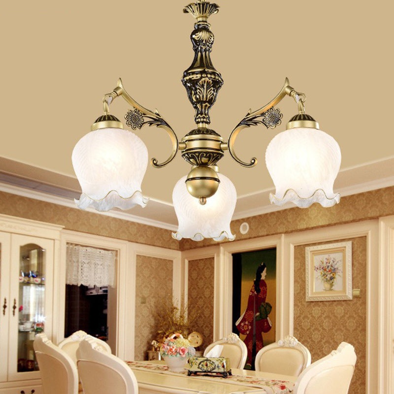 Traditional Vintage Floral Branch Round Glass Iron Zinc 3-Light Chandeliers For Living Room