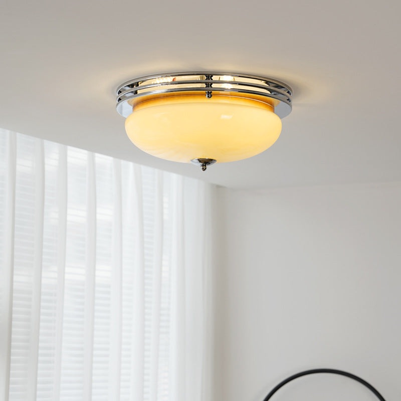 Traditional Vintage Iron Glass Custard Tart Round 3-Light Semi-Flush Mount Ceiling Light For Hallway