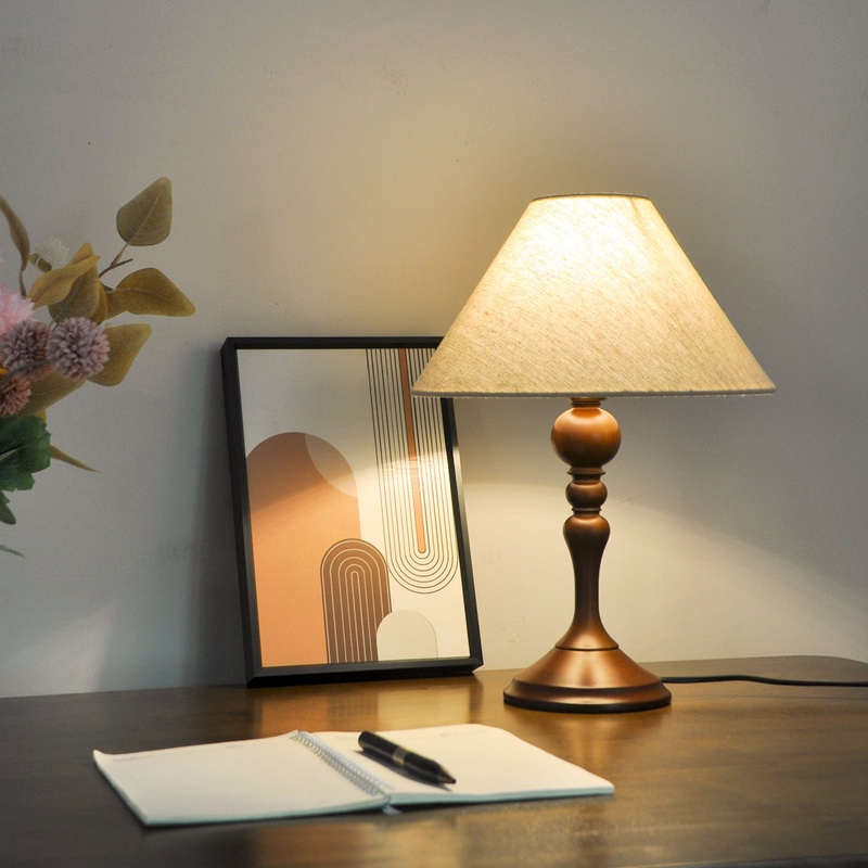 Traditional Vintage Round Trapezoidal Solid Wooden Base Fabric Shade 1-Light Table Lamp For Bedroom