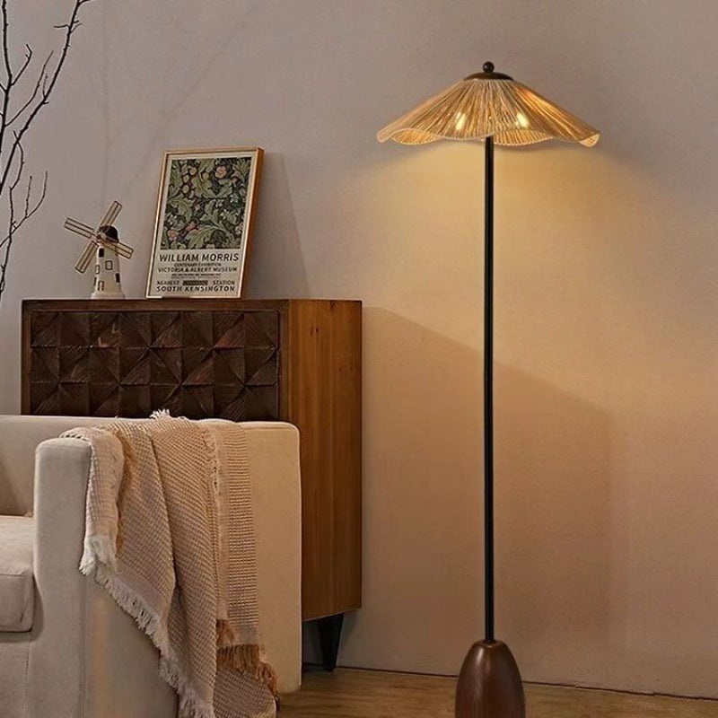 Traditional Vintage Umbrella Cylinder Iron Straw 2-Light Standing Floor Lamp For Living Room