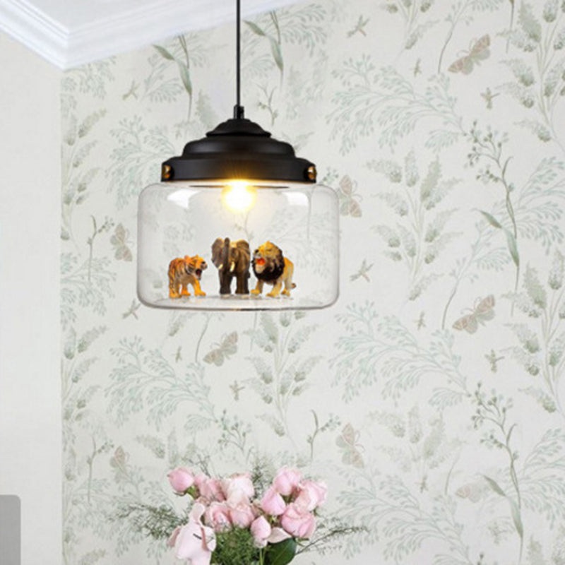 Contemporary Creative Cartoon Animals Kids Cylinder Iron Glass LED Pendant Light For Living Room