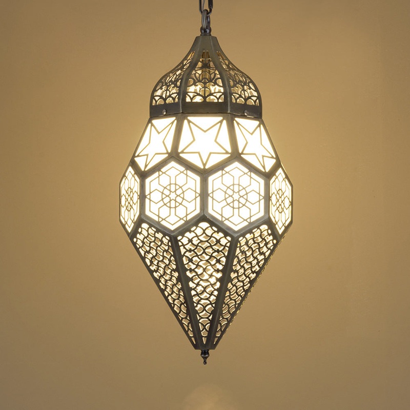 Contemporary Retro Iron Hollowed Carved Rhombic Lantern 1-Light Pendant Light For Dining Room