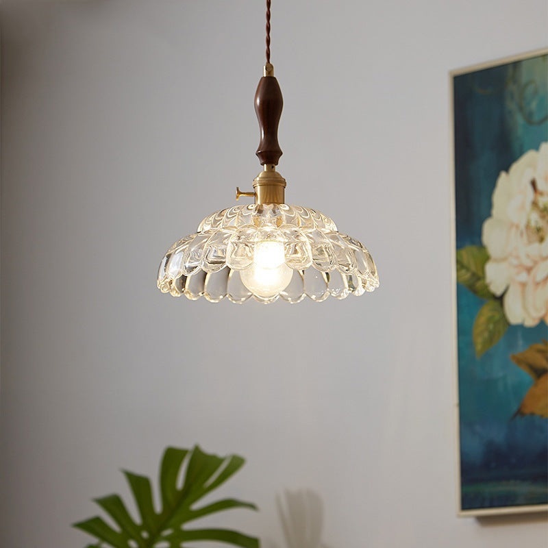 Contemporary Vintage Round Floral All Copper Wood Glass 1-Light Pendant Light For Living Room