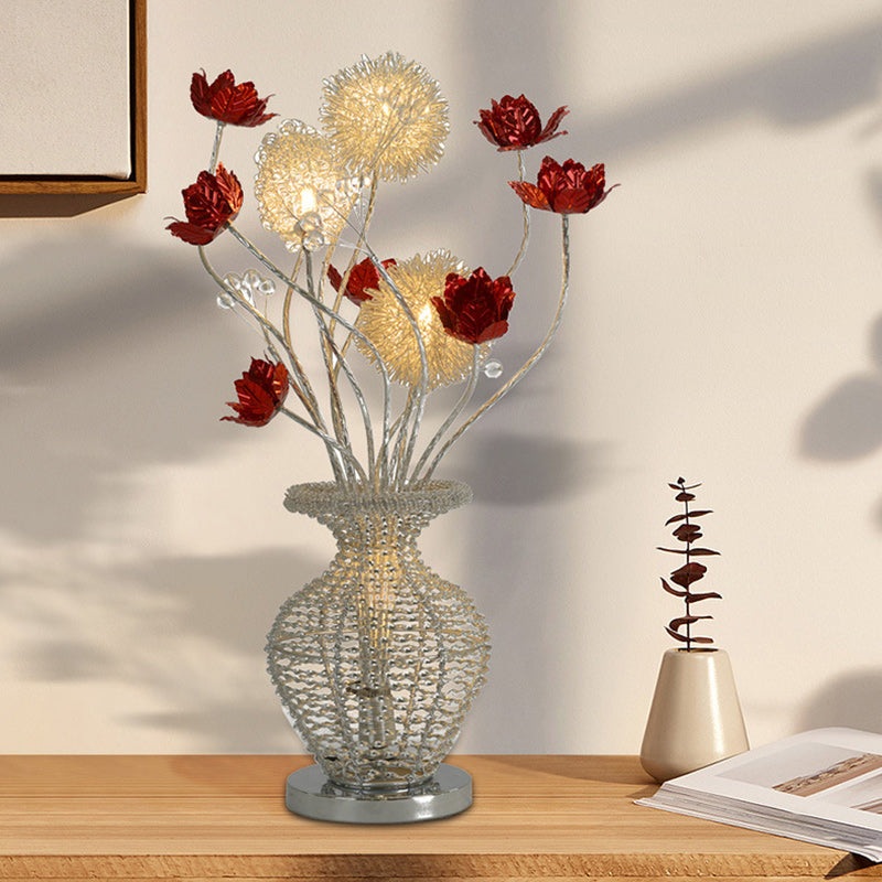 Modern Art Deco Aluminum Wire Weaving Decorative Vase Rose LED Table Lamp For Bedroom