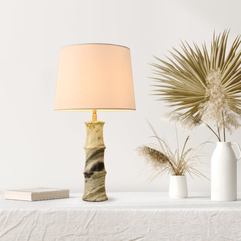 Modern Luxury Fabric Shade Marble Imitation Bamboo Knot Base 1-Light Table Lamp For Bedroom