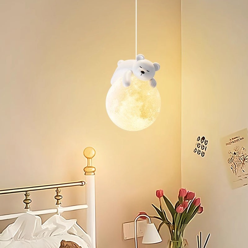 Modern Minimalist Cartoon Kids Moon Cute Animal Bear Rabbit Dog Elephant Sheep Resin Hardware PE 1-Light Pendant Light For Bedroom