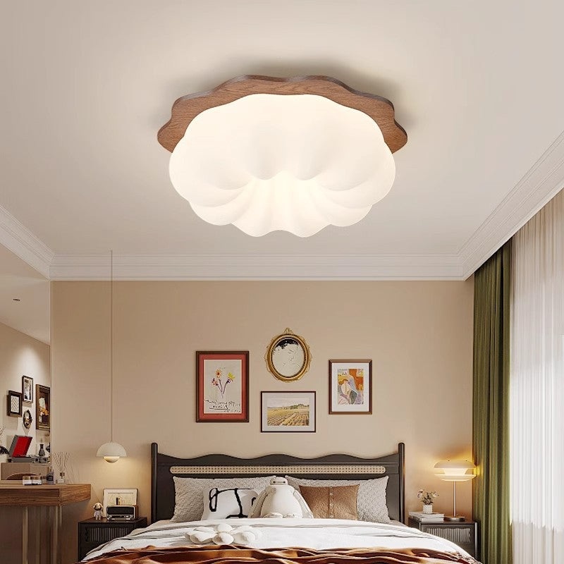 Modern Minimalist Pumpkin Cloud Shape Solid Wood Plastic LED Flush Mount Ceiling Light For Bedroom