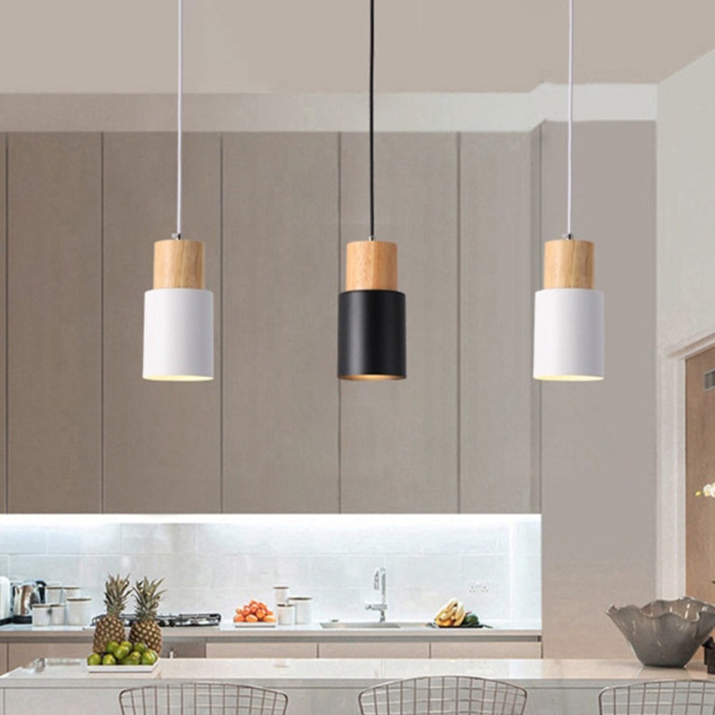 Modern Minimalist Round Cylinder Solid Wood Hardware 1-Light Pendant Light For Living Room