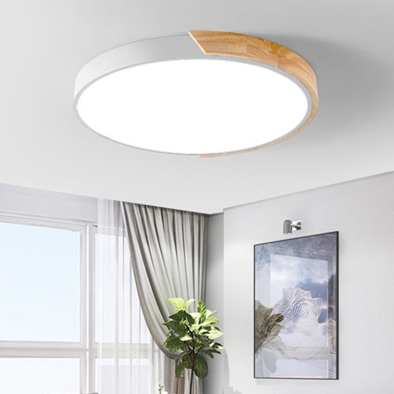 Modern Minimalist Round Macaron Iron Wood Acrylic LED Flush Mount Ceiling Light For Living Room