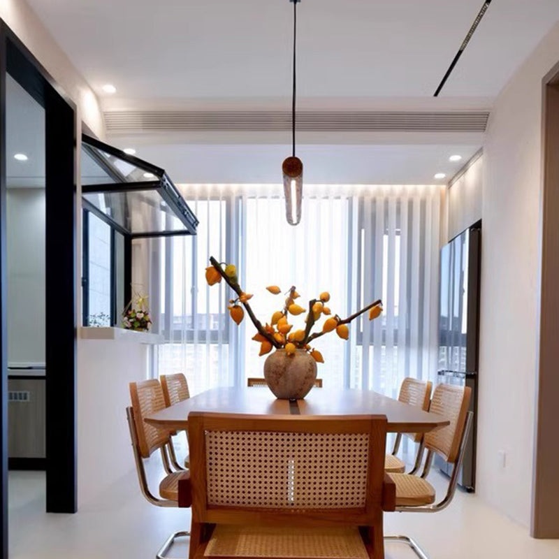 Traditional Chinese Cylindrical Linear Wood LED Chandelier For DiningRoom