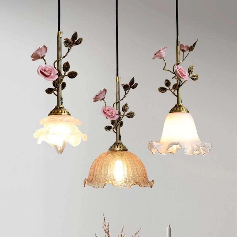 Traditional French Ceramic Rose Flower Frosted Glass Shade 1-Light Pendant Light For Living Room