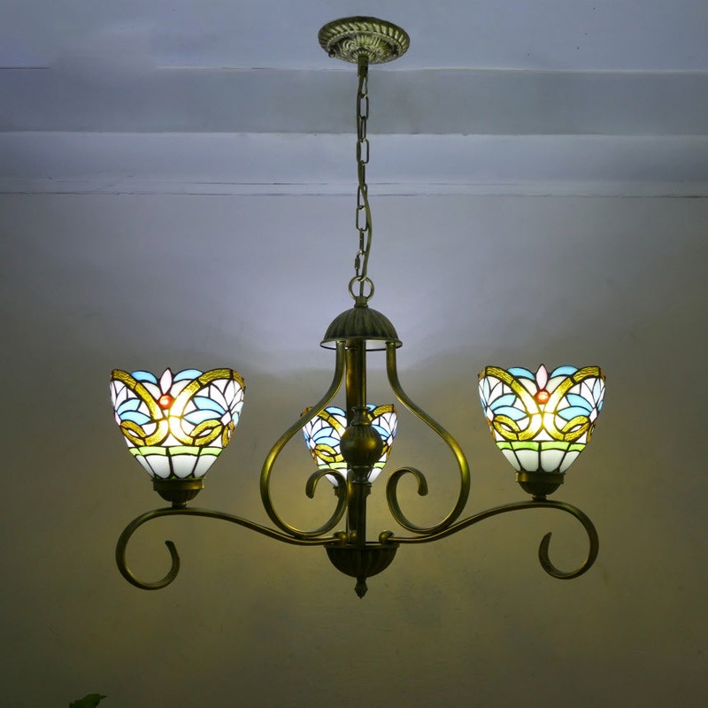Traditional Tiffany Semicircular Curved Branch Glass Iron 3-Light Chandeliers For Living Room