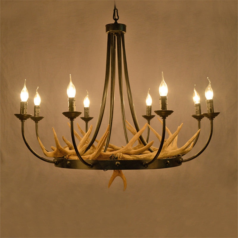 Traditional Vintage Antlers Branch Round Linen Faux Sheepskin Resin Iron 8-Light Chandeliers For Living Room