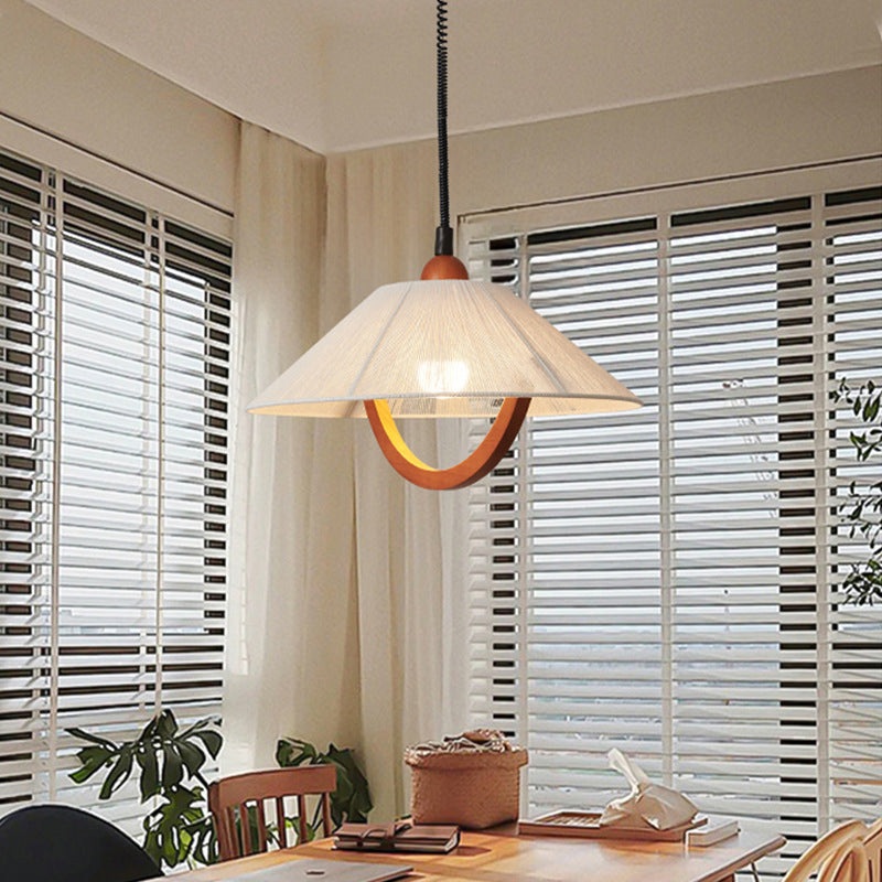 Traditional Vintage Cone Rubberwood Fabric 1-Light Pendant Light For Living Room