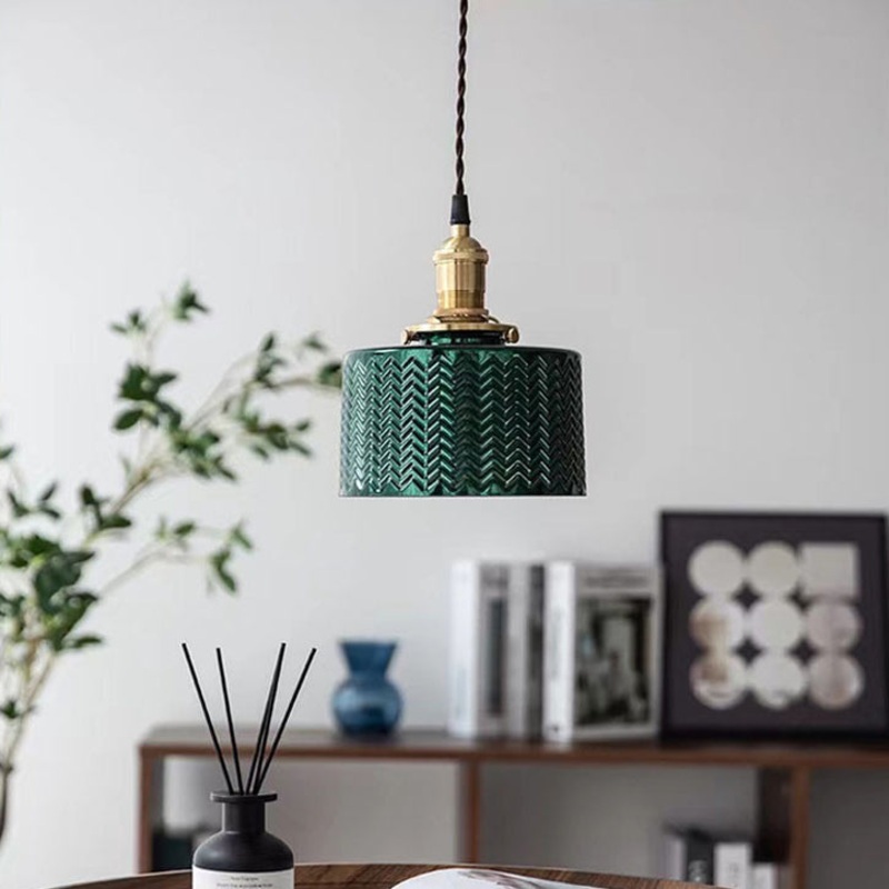 Traditional Vintage Cylinder Glass Copper 1-Light Pendant Light For Bedroom